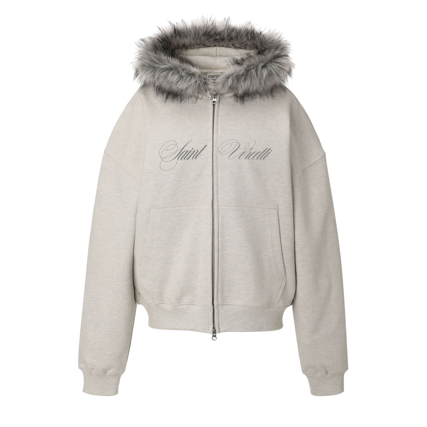 LOS VERC CURSIVE FAUX FUR ZIP HOODIE GREY