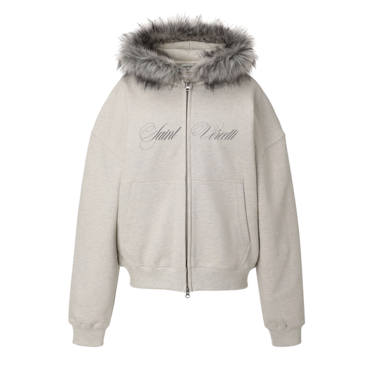 LOS VERC CURSIVE FAUX FUR ZIP HOODIE GREY