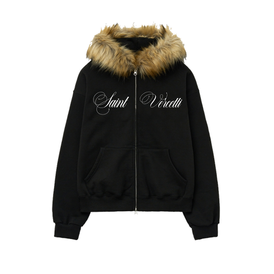 LOS VERC CURSIVE FAUX FUR ZIP HOODIE