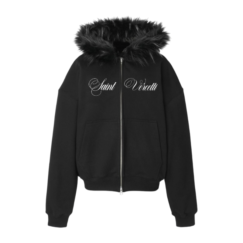 LOS VERC CURSIVE FAUX FUR ZIP HOODIE BLACK